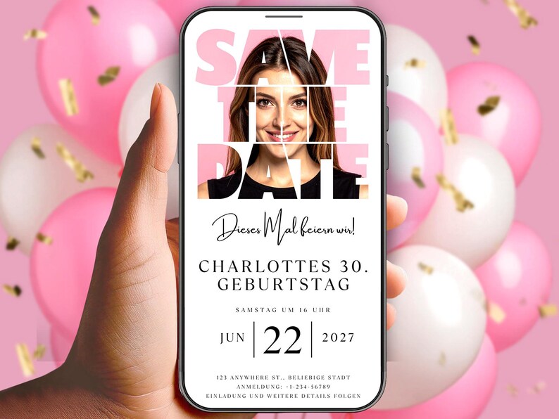 Minimalist 30th birthday save the date invitation for women featuring photo collage layout, modern digital Canva template editable online, phone-friendly birthday invite