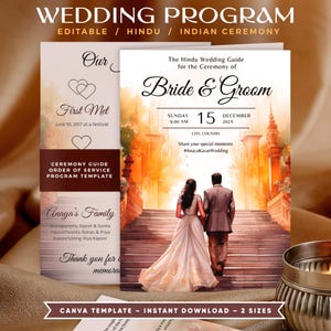 May include: Wedding program template with text "WEDDING PROGRAM" and "Bride & Groom". The design includes a couple walking up stairs, with text "First Met" and "Anaya's Family". The template is for a Hindu Indian ceremony.