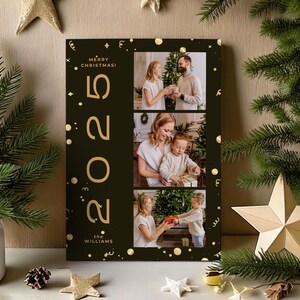 Trouwen kerstkaart met fotocollage, afdrukbare nieuwjaarsfotokaartsjabloon, familiewenskaart, digitale kerstkaart, zwart, nu bewerken