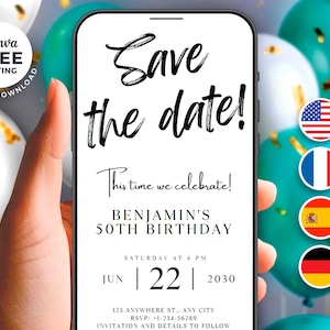 Invitation personnalisable pour un 50e anniversaire - Modèle Canva numérique | 4 langues