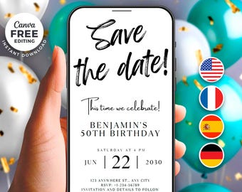 Digital Save The Date Birthday Template, Electronic Save The Date, Birthday Invitation, Unique Editable Bday Invitation,50th birthday Invite