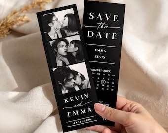 Digital wedding invitation Template | Minimalist save the dates custom bookmark, Printable photo booth Canva template