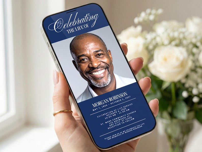 navy blue celebration of life phone invitation template with photo, elegant old money style memorial design, minimalist digital funeral invitation for phone Celebration of life funeral invitation template editable in Canva displayed on smartphone mockup, digital memorial program for phone with portrait photo, elegant celebration of life announcement design, modern funeral invitation template instant download