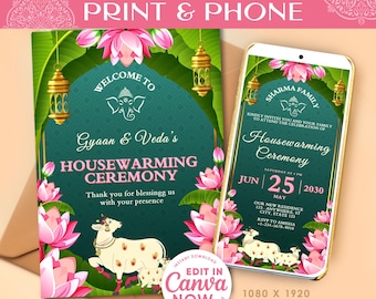 Digital Indian Housewarming Invitation •Mobile and Printable • Griha Pravesh Gruha Pravesh •Ganesh & Lotus •Pichwai Invite Editable in Canva
