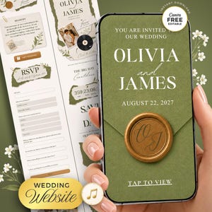Olive Green Wedding Website Template | Digital Wedding Invitation with RSVP, Countdown, Timeline | Canva Website