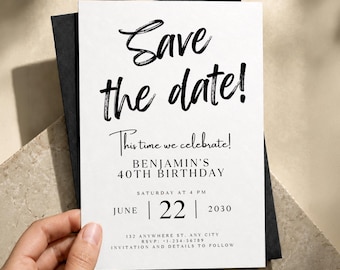 40th birthday invite, birthday card invitation template, save the dates anniversary card, modern husband birthday, instant download