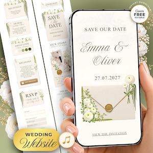 May include: A digital wedding invitation template displayed on a smartphone screen, featuring the text Save Our Date, Emma & Oliver, and 27.07.2027. The design includes white ranunculus flowers, green foliage, and a cream envelope with a gold wax seal.