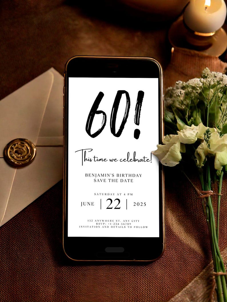 Digital Save the Date 60th Birthday Template, Electronic Save the Date