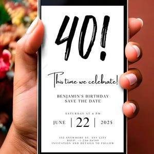 Modèle de carte d'invitation numérique pour 40e anniversaire, carte d'invitation électronique, carte d'invitation modifiable unique, invitation d'anniversaire