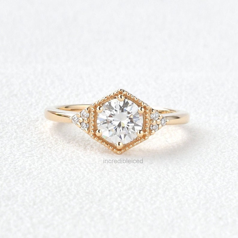Hexagon Shape Solitaire Wedding Ring, 0.80 CT Round Cut Colorless Moissanite shops Engagement Ring, Unique Ring For Women, Solid Yellow Gold Ring