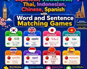 Learn Korean, English, Japanese, Vietnamese, Thai, Indonesian, Chinese, Spanish with Word and Sentence Matching Games