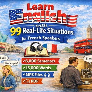 May include: An illustrated advertisement for learning English with 99 real-life situations for French speakers. The image includes the Statue of Liberty, Big Ben, a red double-decker bus, and text that says "Learn English" and "6,000 Sentences".