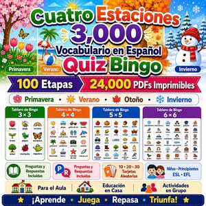 以下が含まれることがあります： Cuatro Estaciones 3,000 Vocabulario en Español Quiz Bingoというタイトルのデジタル教材。季節のイラスト、3x3から6x6のビンゴボード4枚、語彙アイコン、100ステージと24,000枚の印刷可能なPDFファイルを示すテキストが含まれています。