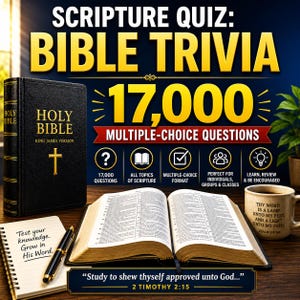 May include: A Bible trivia book cover featuring the text SCRIPTURE QUIZ: BIBLE TRIVIA 17,000 MULTIPLE-CHOICE QUESTIONS. Includes a black Holy Bible, an open Bible, a notepad with Test your knowledge. Grow in His Word., a pen, and a mug with Psalm 119:105.