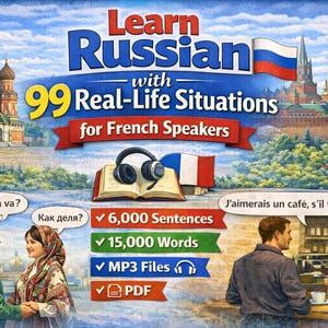 May include: An illustrated advertisement for a Russian language learning program. The title reads "Learn Russian with 99 Real-Life Situations for French Speakers." The image includes Russian landmarks, speech bubbles, and icons for sentences, words, MP3 files, and PDF.