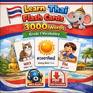 Könnte beinhalten: Lehrreiche Grafik zum Thai-Lernen mit Karteikarten, die eine Katze, die Sonne und ein Kind beim Essen zeigen. Der Text enthält "Learn Thai Flash Cards" und "3,000 Words". Symbole für MP3-Audio und PDF-Download.