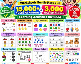 Preschool, Kindergarten, 1st Grade, 2nd Grade Worksheets Bundle (Ages 6–8) - 15,000+ Printable PDF Worksheets + 3,000 Bonus Math Worksheets