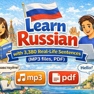May include: Colorful illustration promoting Russian language learning. The image features two people, one reading a book and the other using a laptop with headphones. Text includes "Learn Russian" and "with 3,380 Real-Life Sentences (MP3 files, PDF)".