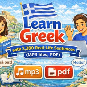 Könnte beinhalten: Eine farbenfrohe Illustration, die das Griechischlernen bewirbt. Das Bild zeigt den Text "Learn Greek" mit der griechischen Flagge und dem Satz "with 3,380 Real-Life Sentences (MP3 files, PDF)". Cartoonfiguren sind mit Büchern und Kopfhörern dargestellt.