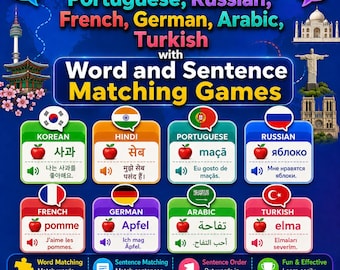 Learn Korean, Hindi, Portuguese, Russian, French, German, Arabic, Turkish with Word and Sentence Matching Games