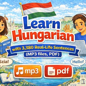 May include: An illustrated advertisement for learning Hungarian. The image features two people, one reading a book and the other using a laptop with headphones. Text includes "Learn Hungarian" and "with 3,380 Real-Life Sentences (MP3 files, PDF)".