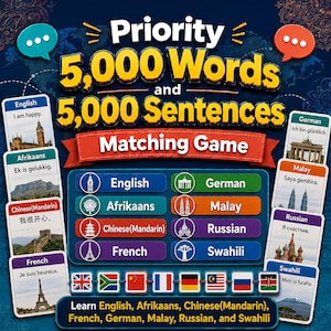 Może przedstawiać: Gra językowa polegająca na dopasowywaniu, zatytułowana Priority 5,000 Words and 5,000 Sentences. Projekt zawiera kolorowe karty z tekstem w języku angielskim, afrikaans, chińskim, francuskim, niemieckim, malajskim, rosyjskim i suahili oraz flagi.