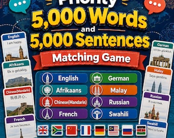 Priority 5,000 Words 5,000 Sentences Matching Game - Learn English, Afrikaans, Mandarin Chinese, French, German, Malay, Russian, Swahili