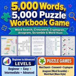 May include: A 5,000 Words, 5,000 Puzzle Workbook Game featuring word search, crossword, cryptogram, anagram, scramble, and word hunt activities. The cover displays various puzzle grids, difficulty levels from beginner to advanced, and colourful icons.