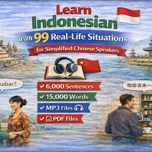 May include: An illustrated advertisement for learning Indonesian, featuring text in English and Chinese. The image includes Indonesian landmarks, flags, and people. It highlights 6,000 sentences, 15,000 words, MP3 and PDF files.