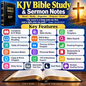 Pode incluir: Um guia digital de estudo bíblico KJV e notas de sermão com uma Bíblia preta, uma silhueta de cruz e uma lista de recursos incluindo 66 livros, 1.189 capítulos, leitura versículo por versículo, pesquisa, notas e ajustes de texto.