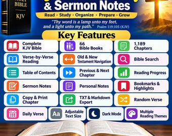 KJV Bible Study & Sermon Notes - Complete 66-Book Bible Complete, Reading, Search, Personal Notes, Bookmarks, Highlights