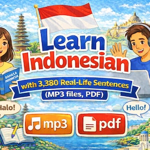 May include: A colorful illustration promoting Indonesian language learning. The image features two people, one reading a book and the other using a laptop with headphones. Text includes "Learn Indonesian" and "with 3,380 Real-Life Sentences (MP3 files, PDF)".