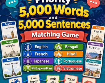 Priority 5,000 Words, Sentences Matching Game: Learn English, Bengali, French, Hindi, Japanese, Portuguese, Portuguese Brazil, Vietnamese