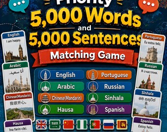 Priority 5,000 Words 5,000 Sentences Matching Game - Learn English, Arabic, Mandarin Chinese, Hausa, Portuguese, Russian, Sinhala, Spanish