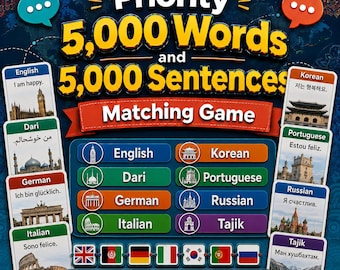 Priority 5,000 Words and 5,000 Sentences Matching Game - Learn English, Dari, German, Italian, Korean, Portuguese, Russian, and Tajik