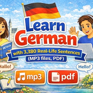 May include: An illustrated advertisement for learning German. The image features two people, one reading a book and the other using a laptop. Text includes "Learn German" and "with 3,380 Real-Life Sentences (MP3 files, PDF)". A German flag is also present.
