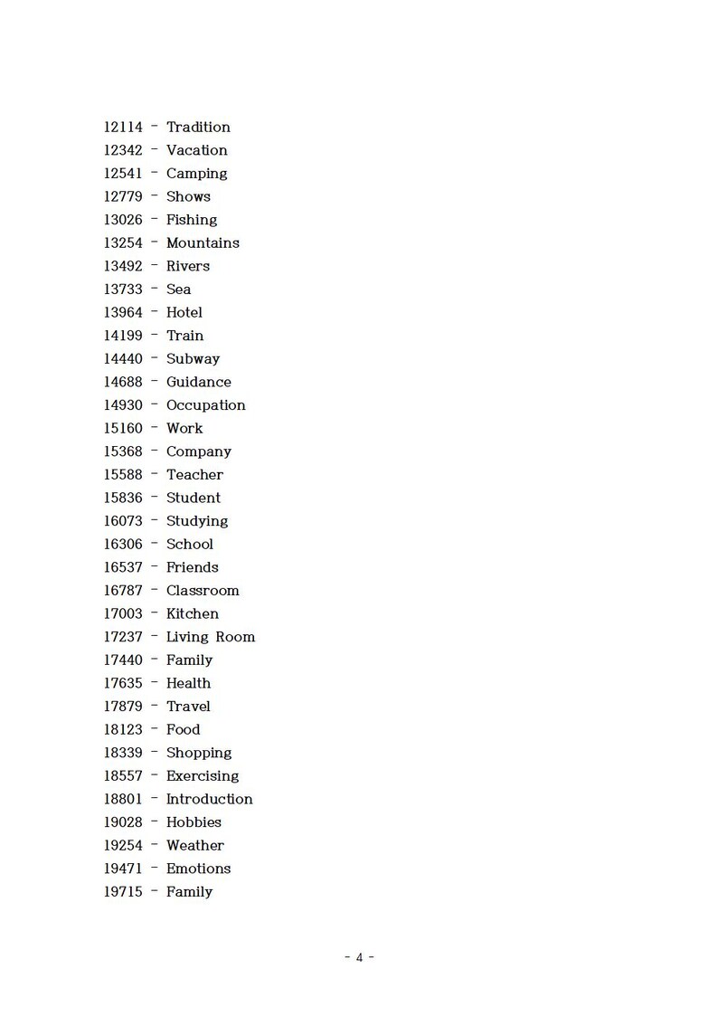 May include: A printed page with a list of words and numbers. The words include "Tradition", "Vacation", "Camping", "Shows", "Fishing", "Mountains", "Rivers", "Sea", "Hotel", "Train", "Subway", "Guidance", "Occupation", "Work", "Company", "Teacher", "Student", "Studying", "School", "Friends", "Classroom", "Kitchen", "Living Room", "Family", "Health", "Travel", "Food", "Shopping", "Exercising", "Introduction", "Hobbies", "Weather", "Emotions", and "Family".