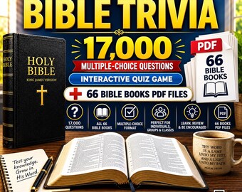 Scripture Quiz: Bible Trivia – 17,000 Multiple-Choice Questions Game + 66 Bible Books PDF files