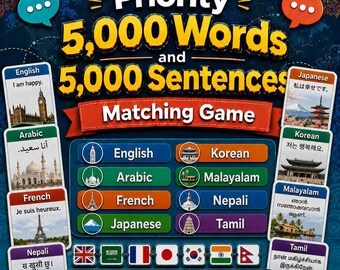 Priority 5,000 Words and 5,000 Sentences Matching Game - Learn English, Arabic, French, Japanese, Korean, Malayalam, Nepali, and Tamil
