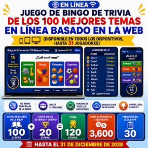 May include: A digital trivia bingo game interface displayed on a laptop, tablet, and smartphone. The screen shows categories like animals, fruits, food, and sports with icons, player leaderboards, and game statistics including 100 stages and 3,600 questions.