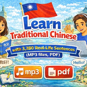 May include: Illustration promoting learning Traditional Chinese. The image features two cartoon figures, a woman reading a book and a man with headphones using a laptop. Text includes "Learn Traditional Chinese" and "with 3,380 Real-Life Sentences (MP3 files, PDF)".
