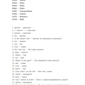 May include: A white paper with black text, including numbered phrases and translations. The text includes words like "airport," "gate," and "check," with corresponding translations. The document appears to be a language learning aid.