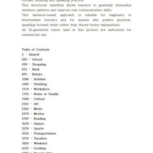 May include: A white page with black text detailing a language learning program. The text describes the program's focus on practical speaking and structured repetition. A table of contents lists various topics.