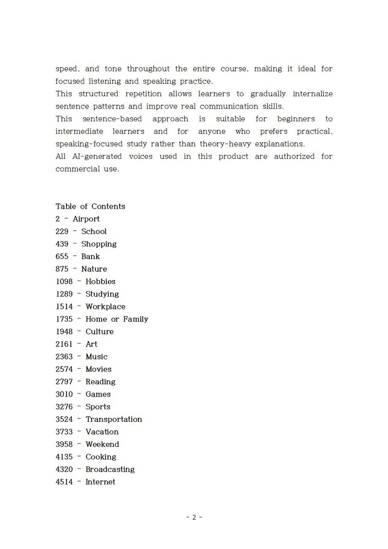 May include: A white page with black text detailing a language learning program. The text describes the program's focus on practical speaking and structured repetition. A table of contents lists various topics.
