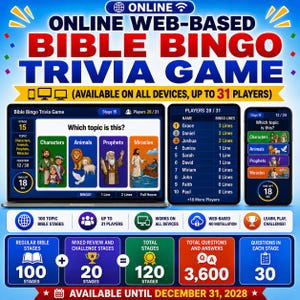 May include: An online web-based Bible Bingo trivia game displayed on a laptop, tablet, and smartphone. The interface shows game stages, player lists, and categories like Characters, Animals, Prophets, and Miracles. Includes 120 total stages.