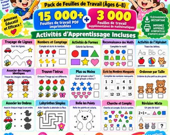 French - Preschool, Kindergarten, 1st Grade, 2nd Grade Worksheets Bundle (Ages 6–8) - 15,000+ PDF Worksheets + 3,000 Bonus Math Worksheets