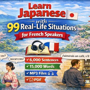 May include: A vibrant illustration promoting Japanese language learning for French speakers. The image features Japanese landmarks, a book with headphones, and speech bubbles with phrases. The text highlights 6,000 sentences, 15,000 words, MP3 files, and PDF resources.