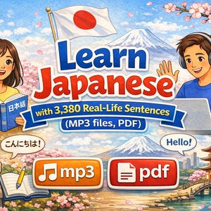 May include: Colorful illustration promoting Japanese language learning. The image features two people, one reading a book and the other using a laptop. Text includes "Learn Japanese" and "3,380 Real-Life Sentences". Cherry blossoms, Mount Fuji, and Japanese architecture are also depicted.