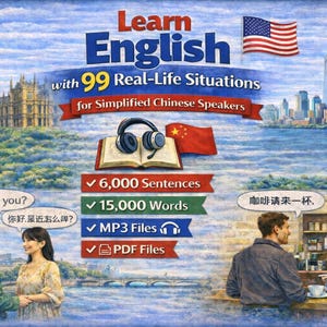 May include: An illustrated advertisement for English language learning. The image features the text "Learn English" with the American flag and the Statue of Liberty in the background. The ad includes a book, headphones, and Chinese and English text.
