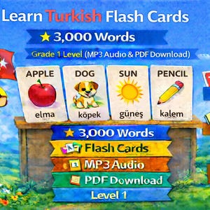 Lär dig turkiska flashkort, 3000 ord, ordförråd för årskurs 1 (MP3-ljud, PDF-nedladdning)